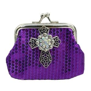 Purple Sequin Change Purse w/ Silver Cross & 18mm Sparkling Snap Button!